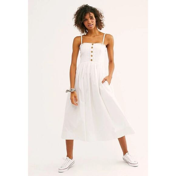 Free People Lilah Strapless Pleated Smocked Button Midi Dress White Size XS - Picture 2 of 16